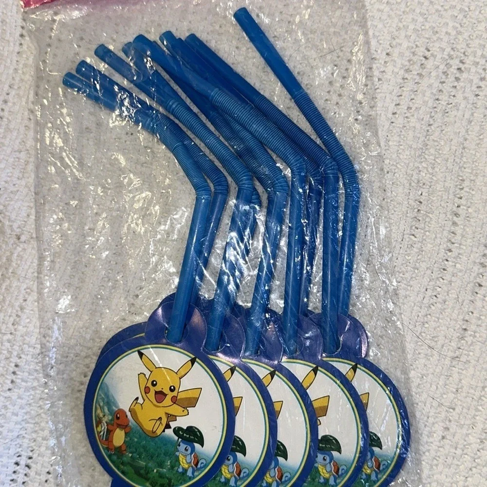 Pokemon Pikachu Charmander Squirtle Blue Flexible Drinking Straws 6 Pack New